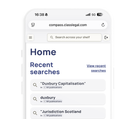 Smartphone displaying a legal search engine with recent searches on the screen.